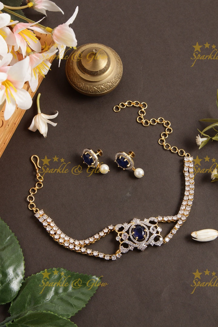 Sparkling layered floral design American diamond choker with emerald - green