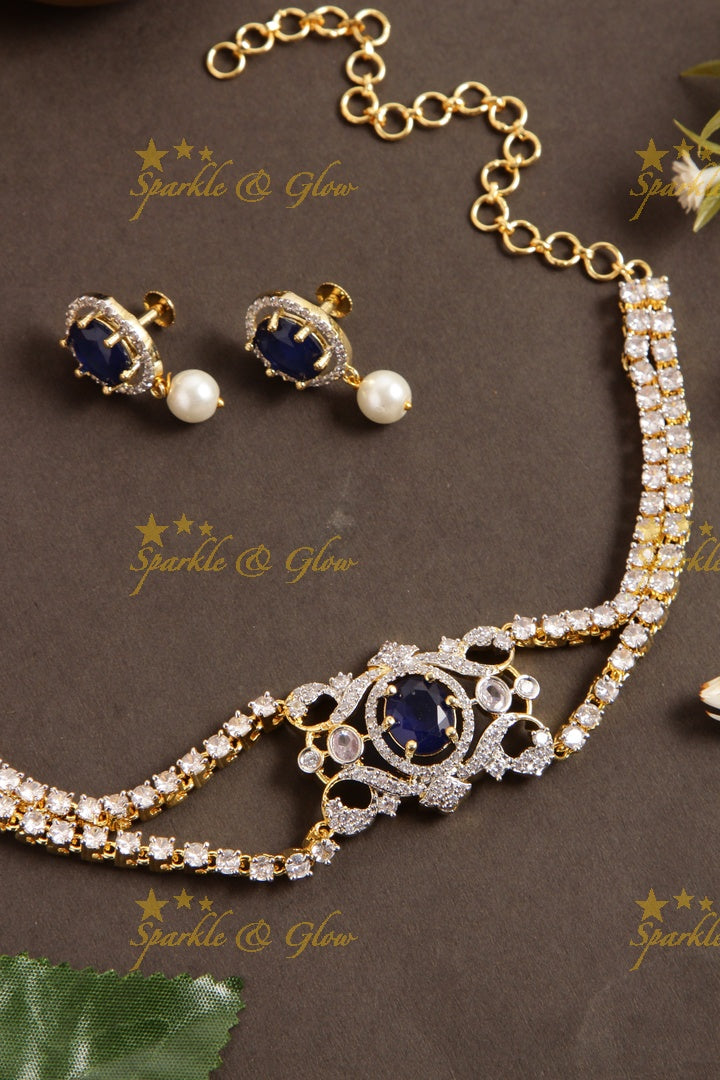 Sparkling layered floral design American diamond choker with sapphire - blue