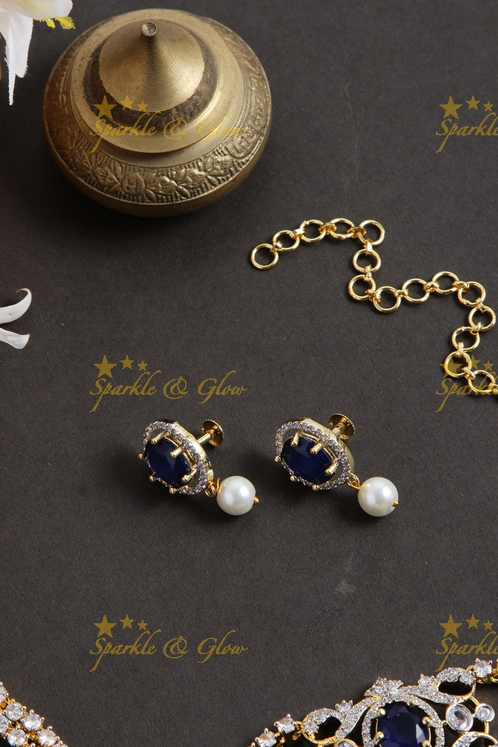Sparkling layered floral design American diamond choker with sapphire - blue