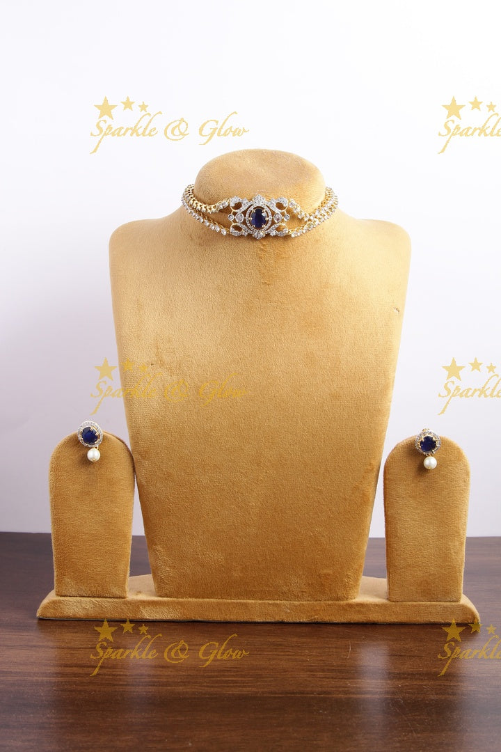 Sparkling layered floral design American diamond choker with sapphire - blue