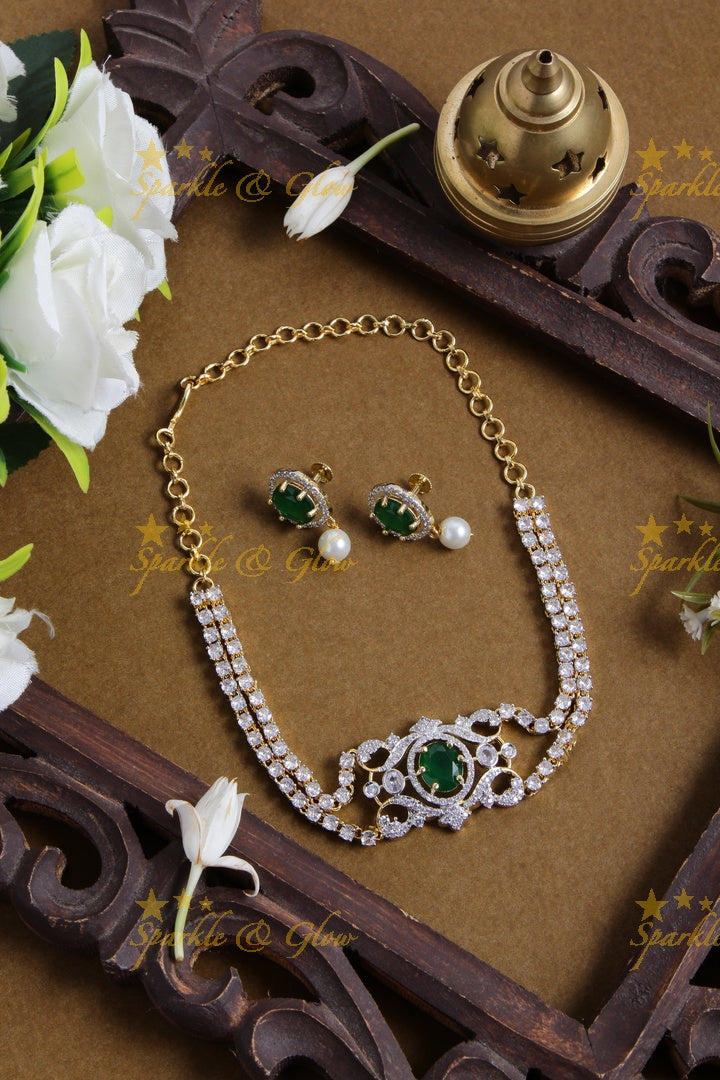 Sparkling layered floral design American diamond choker with emerald - green