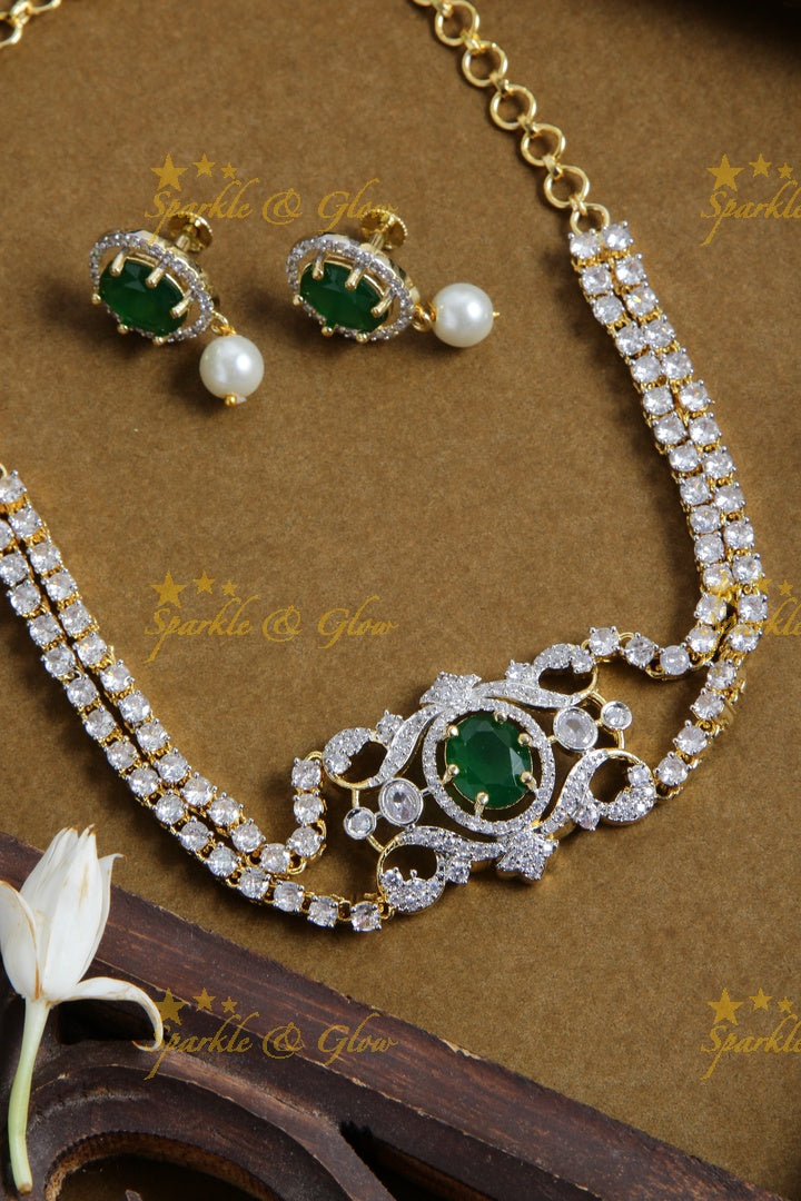 Sparkling layered floral design American diamond choker with emerald - green