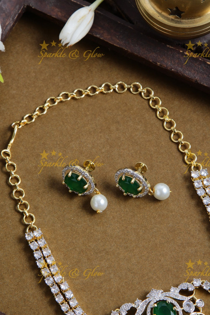 Sparkling layered floral design American diamond choker with emerald - green