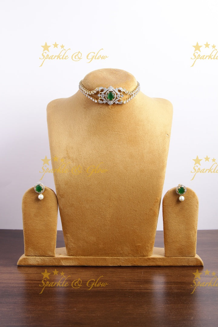 Sparkling layered floral design American diamond choker with emerald - green