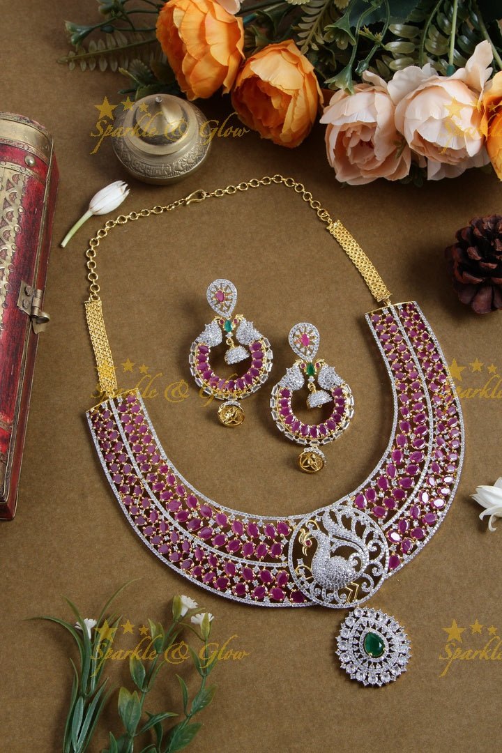Grand intricate peacock design american diamond long necklace with emerald - green - Sparkle and Glow - Pink - Back Chain