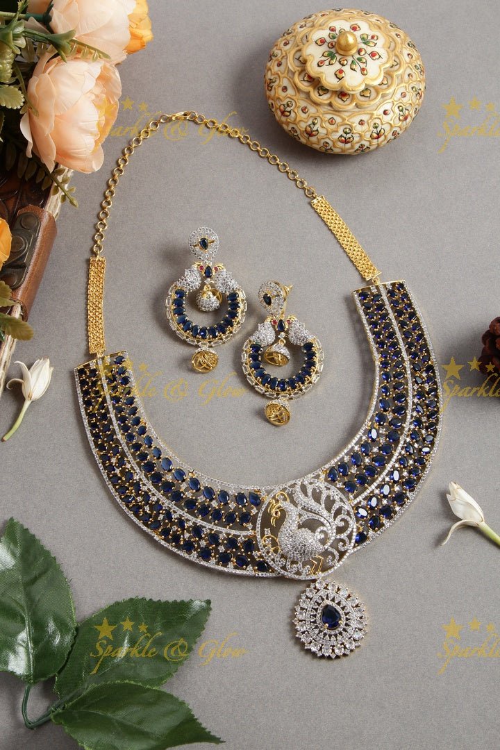 Grand intricate peacock design american diamond long necklace with emerald - green - Sparkle and Glow - Blue - Back Thread