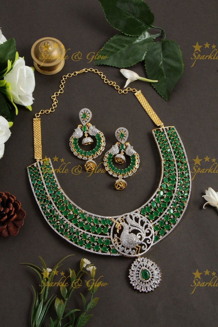 Grand intricate peacock design american diamond long necklace with emerald - green - Sparkle and Glow - Green - Back Thread