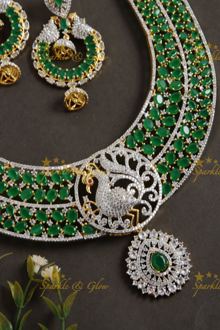 Grand intricate peacock design american diamond long necklace with emerald - green - Sparkle and Glow - Green - Back Thread