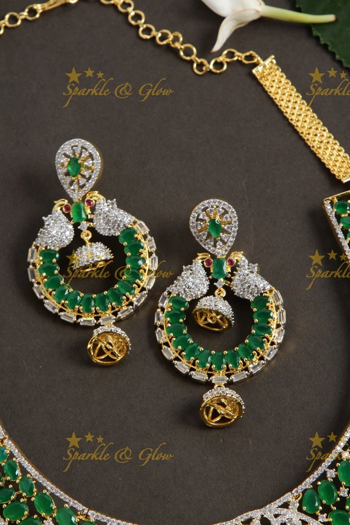 Grand intricate peacock design american diamond long necklace with emerald - green - Sparkle and Glow - Green - Back Thread