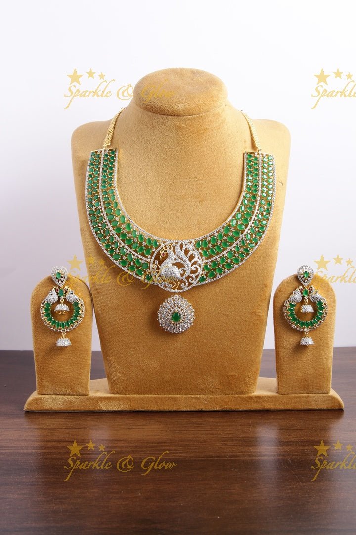 Grand intricate peacock design american diamond long necklace with emerald - green - Sparkle and Glow - Green - Back Thread