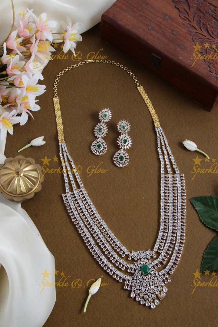 Grand glittering american diamond multi layer water drop long necklace with emerald - green - Sparkle and Glow - Green - Back Thread