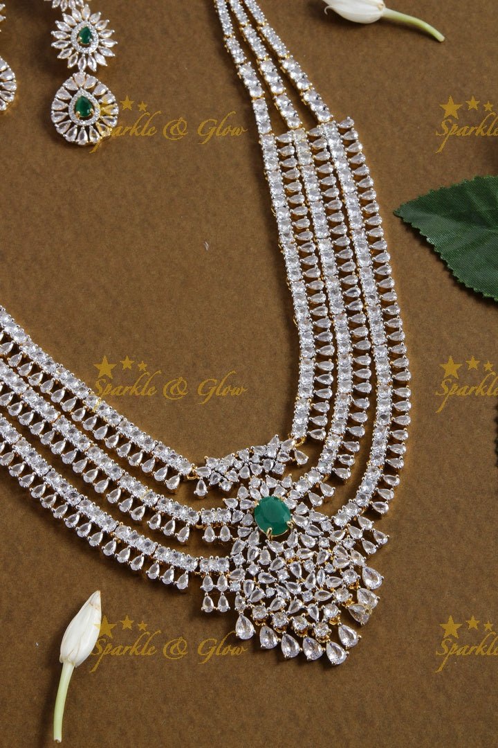 Grand glittering american diamond multi layer water drop long necklace with emerald - green - Sparkle and Glow - Green - Back Thread