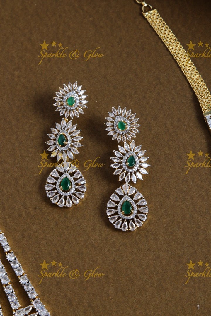 Grand glittering american diamond multi layer water drop long necklace with emerald - green - Sparkle and Glow - Green - Back Thread