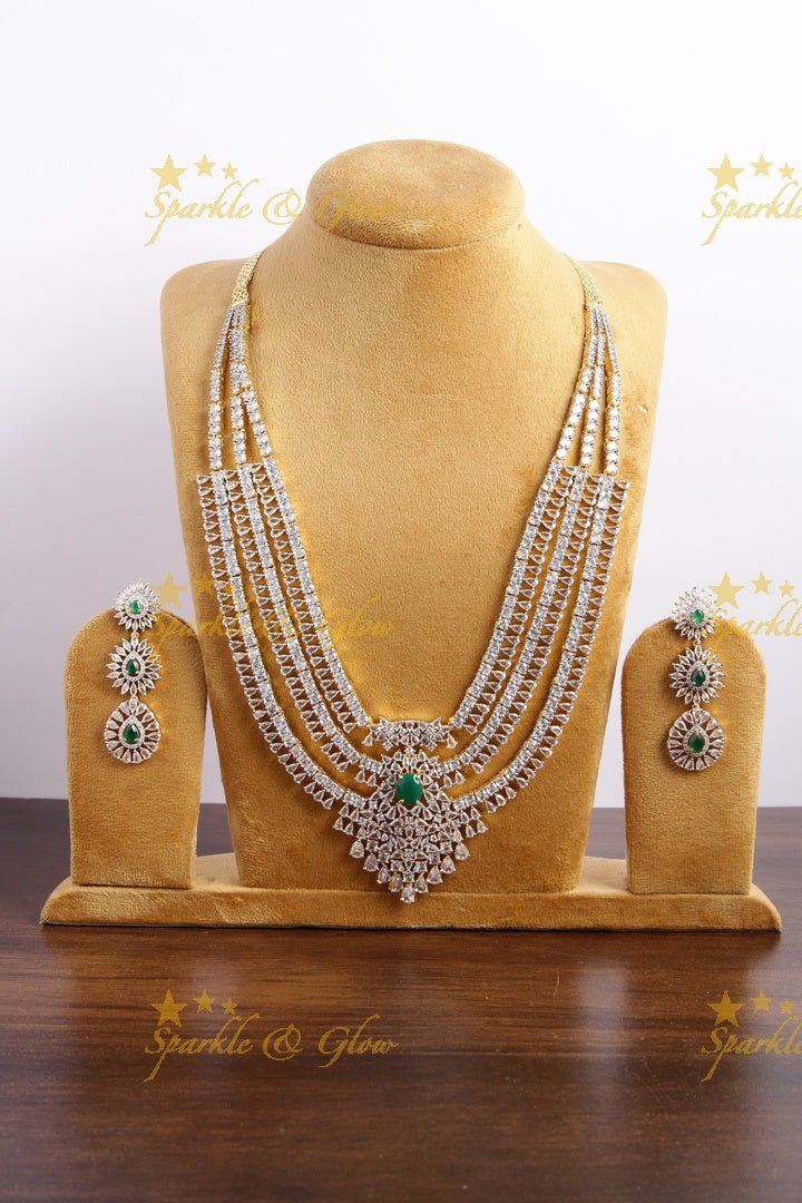 Grand glittering american diamond multi layer water drop long necklace with emerald - green - Sparkle and Glow - Green - Back Thread