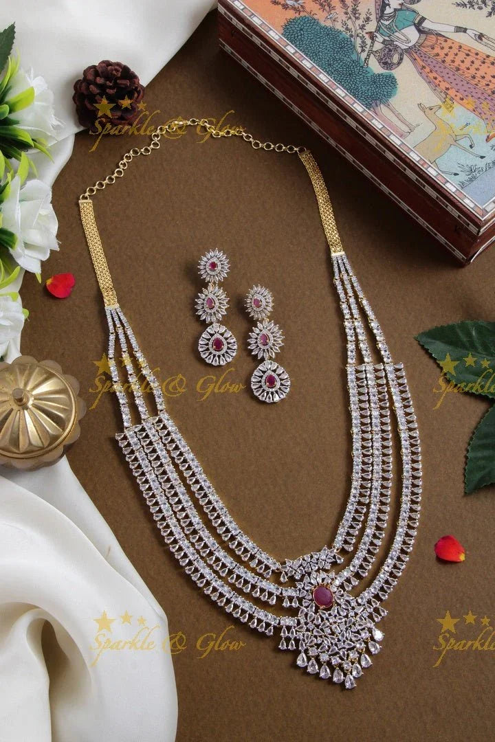 Grand glittering american diamond multi layer water drop long necklace with emerald - green - Sparkle and Glow