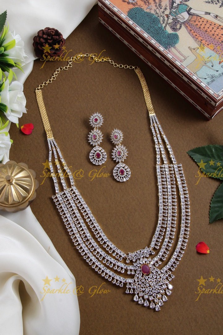 Grand glittering american diamond multi layer water drop long necklace with emerald - green - Sparkle and Glow - Pink - Back Chain