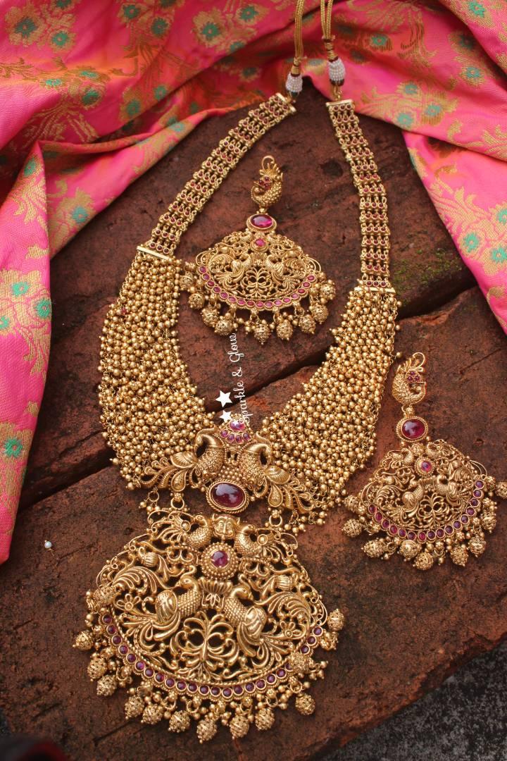 Gold alike polished cluster pearl beads statement peacock haram - Pearl Multi - Sparkle and Glow