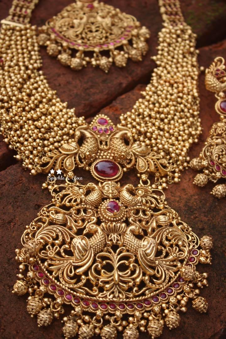 Gold alike polished cluster pearl beads statement peacock haram - Pearl Multi - Sparkle and Glow