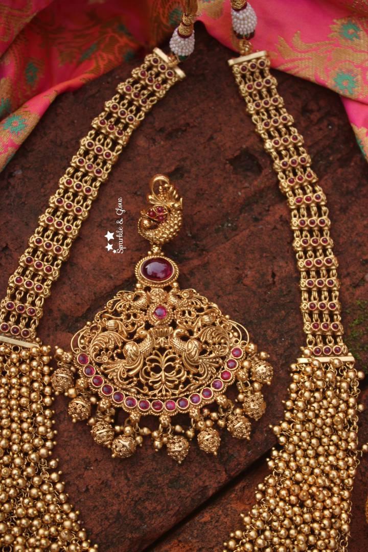 Gold alike polished cluster pearl beads statement peacock haram - Pearl Multi - Sparkle and Glow