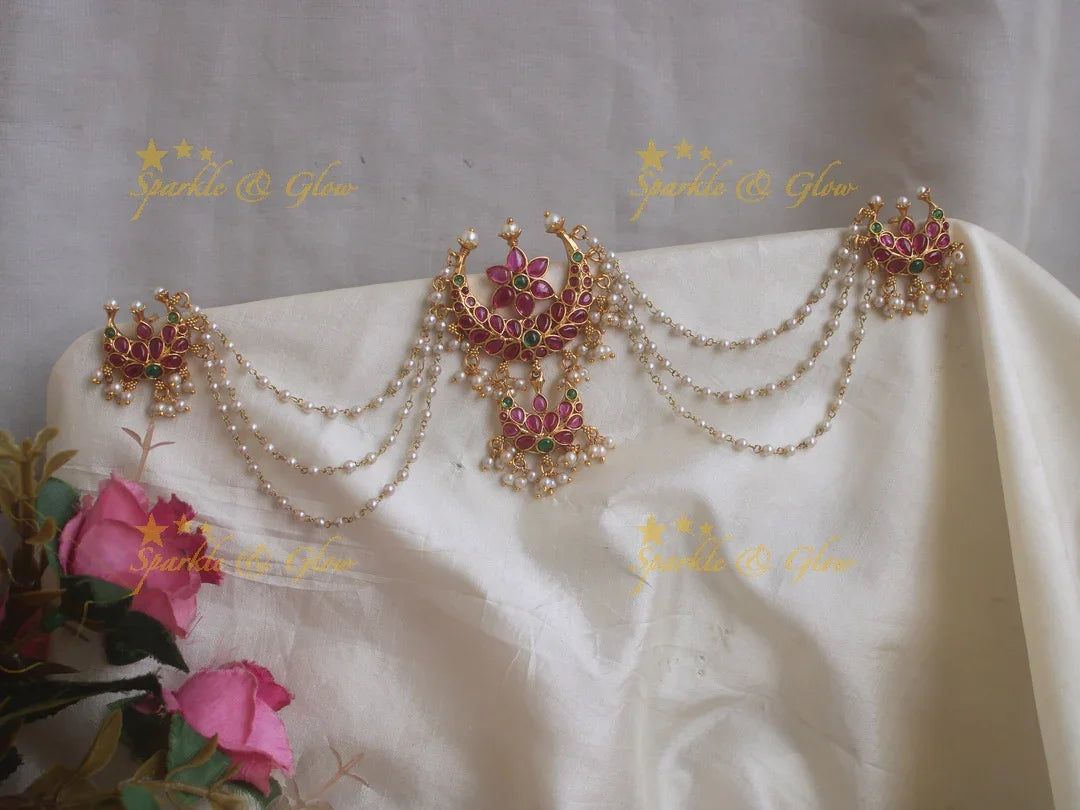 Gorgeous half moon and floral design pink stone Jada billa with maatil - Sparkle and Glow