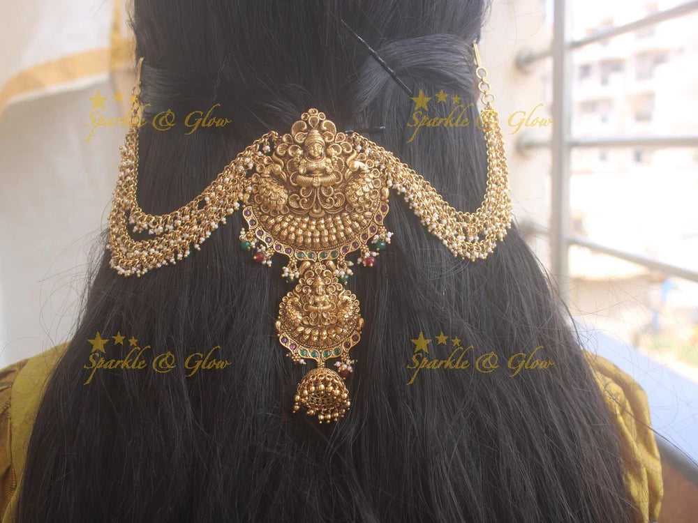 Beautiful Lakshmi Peacock carved antique Jada billa with maatil - Sparkle and Glow