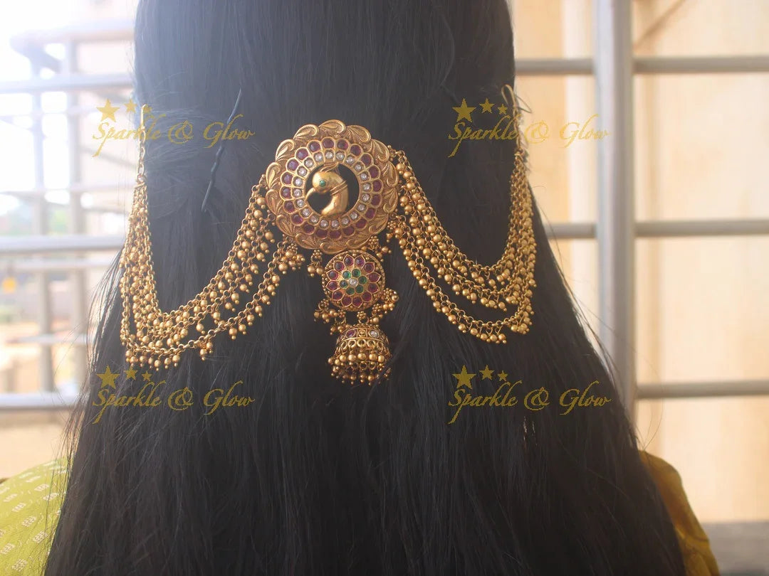 Stunning Peacock carved and red stones Jada billa with maatil - gold beads chain - Sparkle and Glow