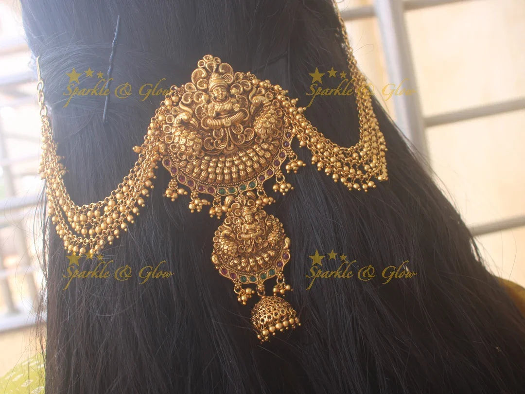 Beautiful Lakshmi Peacock carved antique Jada billa with maatil - Sparkle and Glow