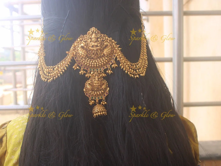 Beautiful Lakshmi Peacock carved antique Jada billa with maatil - Sparkle and Glow
