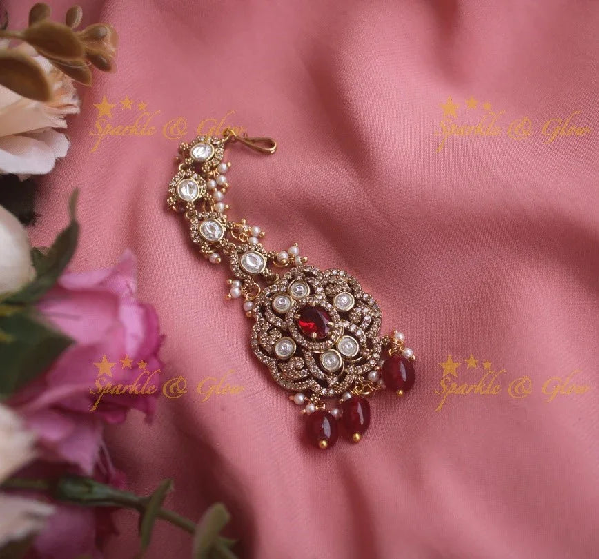Red Stone Victorian Maang Tikka with Beads