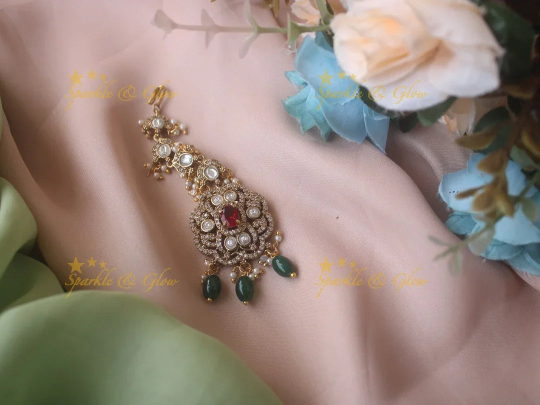 Red Stone Victorian Maang Tikka with Beads