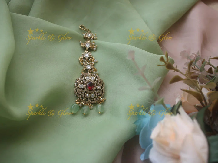 Red Stone Victorian Maang Tikka with Beads