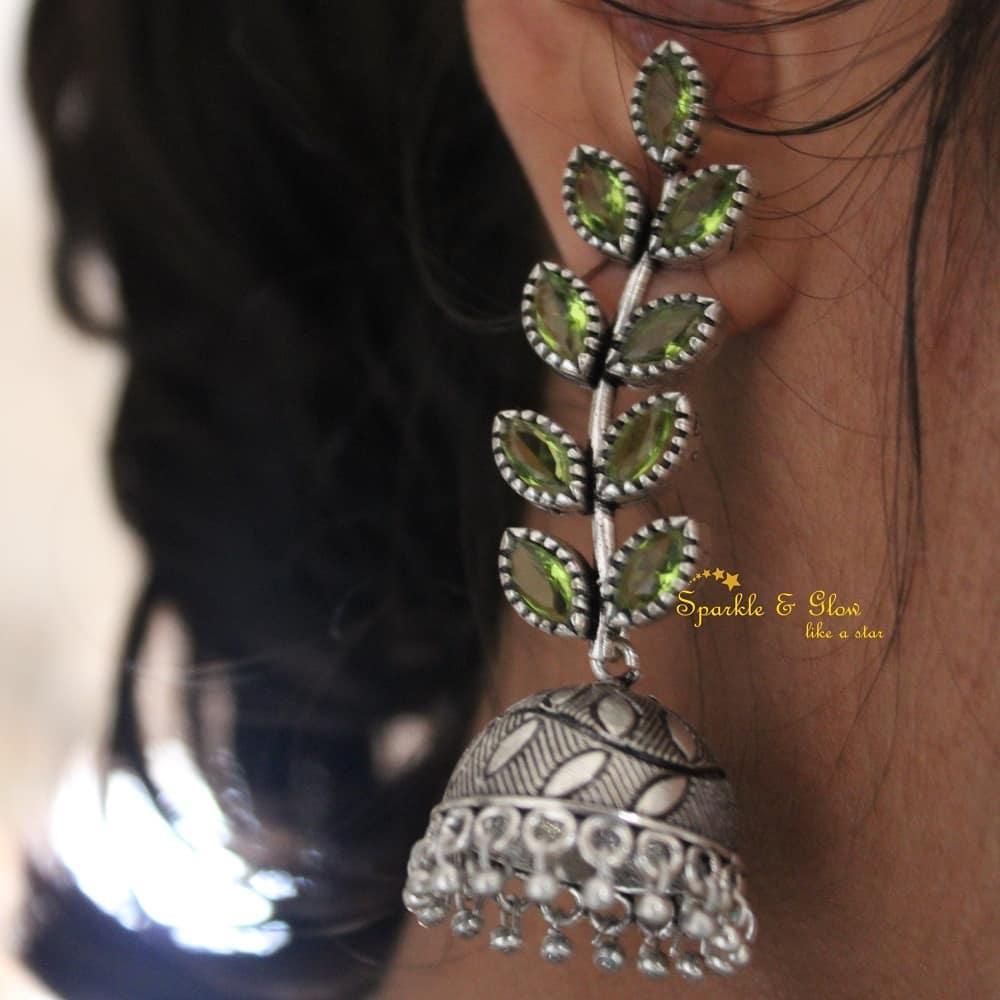 Yellow Long Leaf Stone Jhumukas Earrings