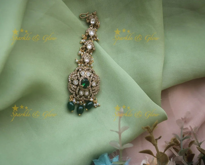 Red Stone Victorian Maang Tikka with Beads