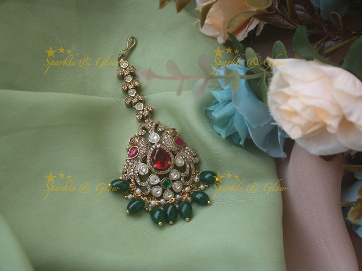 Beautiful peacock design victorian maang tikka with red stone and mint green beads