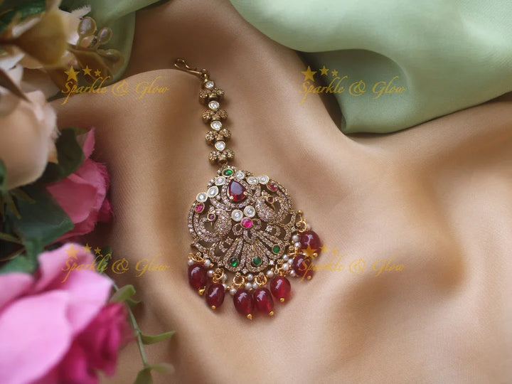 Red Stone Peacock Maang Tikka with Purple Beads