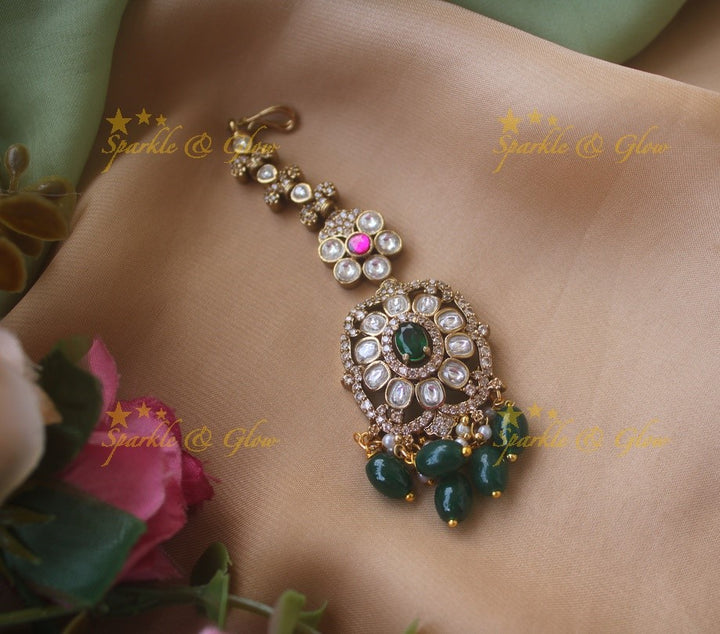 Floral design victorian maang tikka with multi colour stones and purple beads