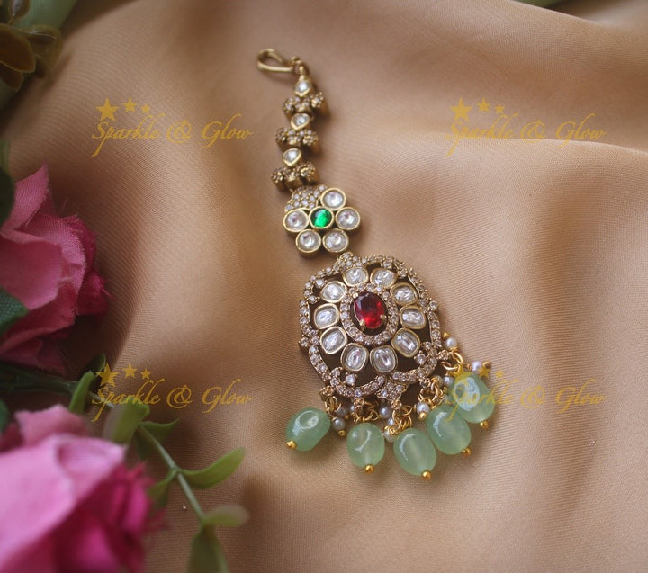 Floral design victorian maang tikka with multi colour stones and purple beads