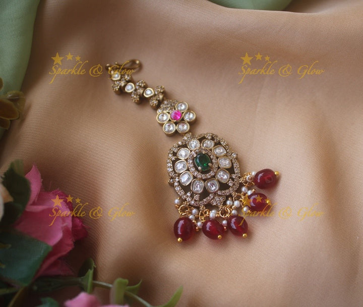 Floral design victorian maang tikka with multi colour stones and purple beads