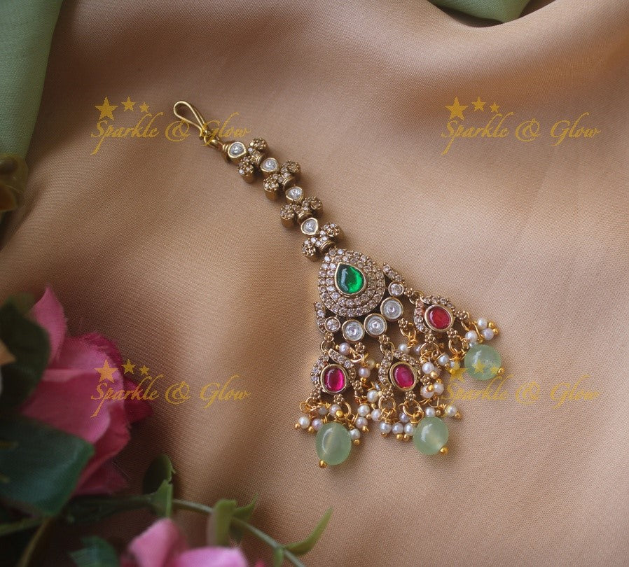 Elegant Floral victorian maang tikka with Maroon beads and Green and maroon stone