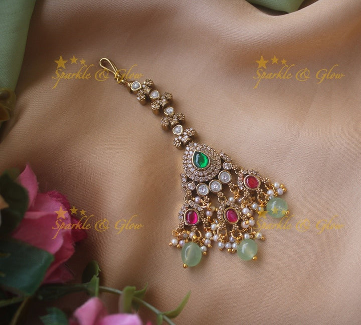 Elegant Floral victorian maang tikka with Maroon beads and Green and maroon stone