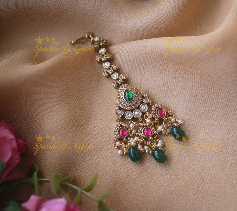 Elegant Floral victorian maang tikka with Maroon beads and Green and maroon stone