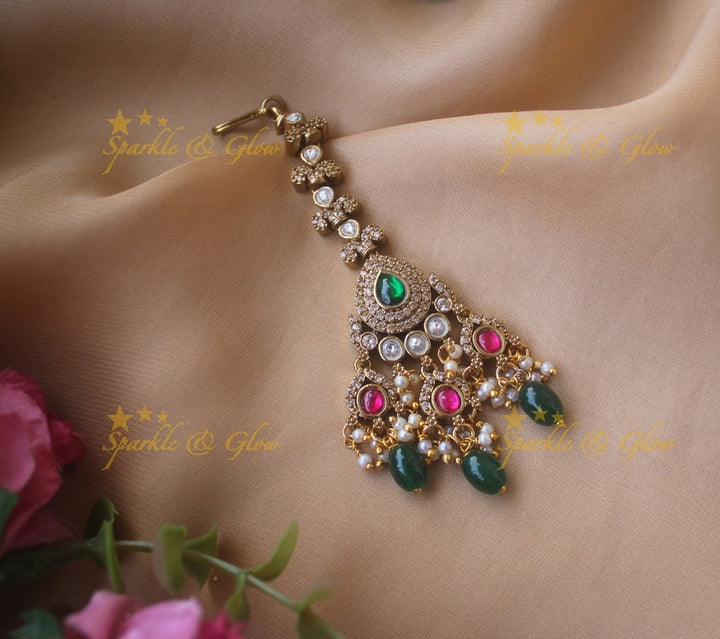 Elegant Floral victorian maang tikka with Maroon beads and Green and maroon stone