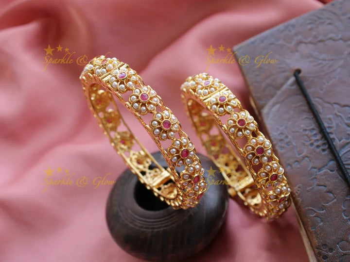 Statement floral kada with pearls red stones screw type a pair, - Sparkle and Glow