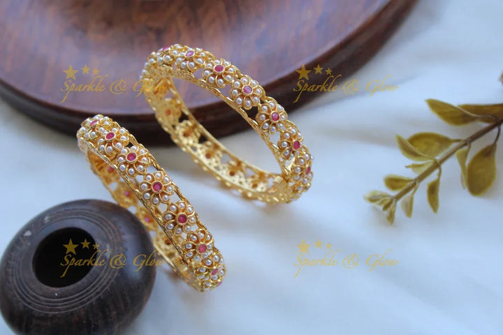 Statement floral kada with pearls red stones screw type a pair, - Sparkle and Glow