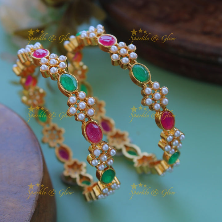 Premium Matt Floral design pearl bangles with ruby emerald a pair