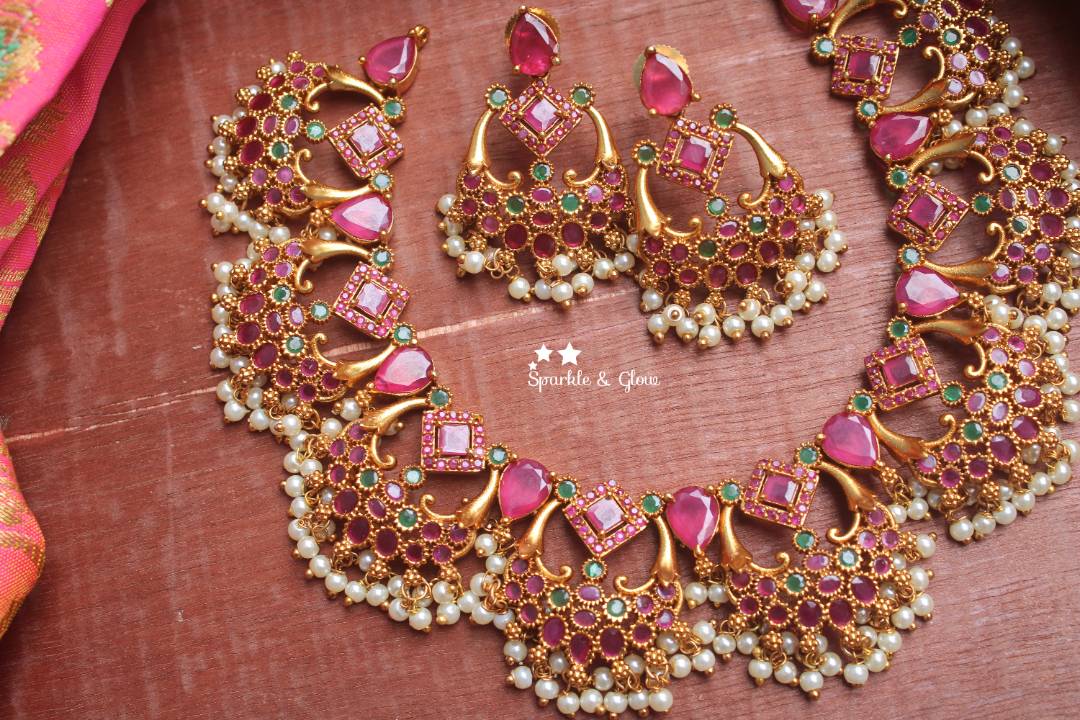 Half moon shaped ruby like semi precious stones gutta pusalu - Pink Green