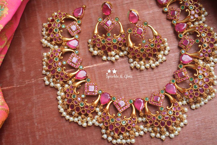 Half moon shaped ruby like semi precious stones gutta pusalu - Pink Green