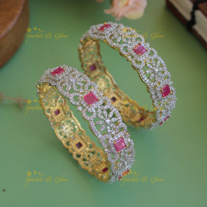 Grand floral design american diamond bangle Green , Pink