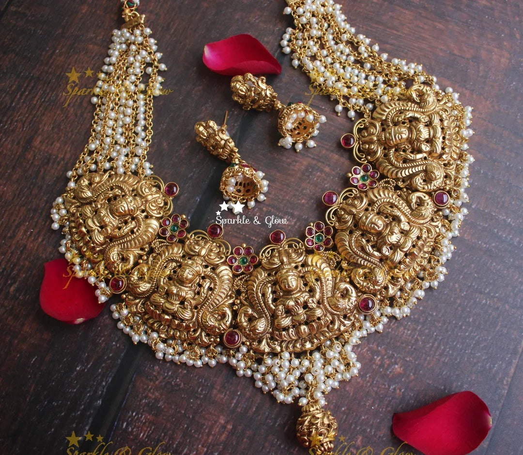 Gold alike polished grand pancha Lakshmi gold cluster necklace - Sparkle and Glow