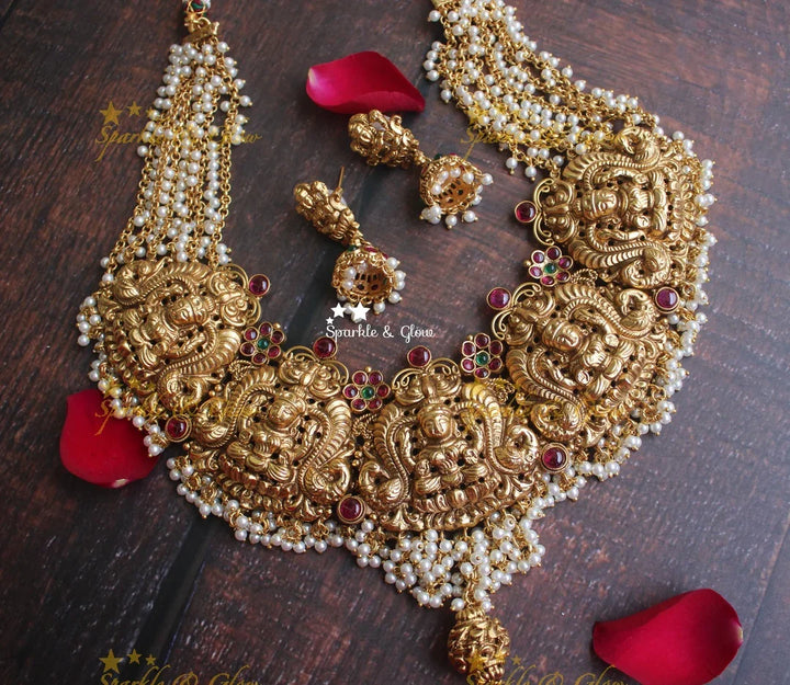Gold alike polished grand pancha Lakshmi gold cluster necklace - Sparkle and Glow